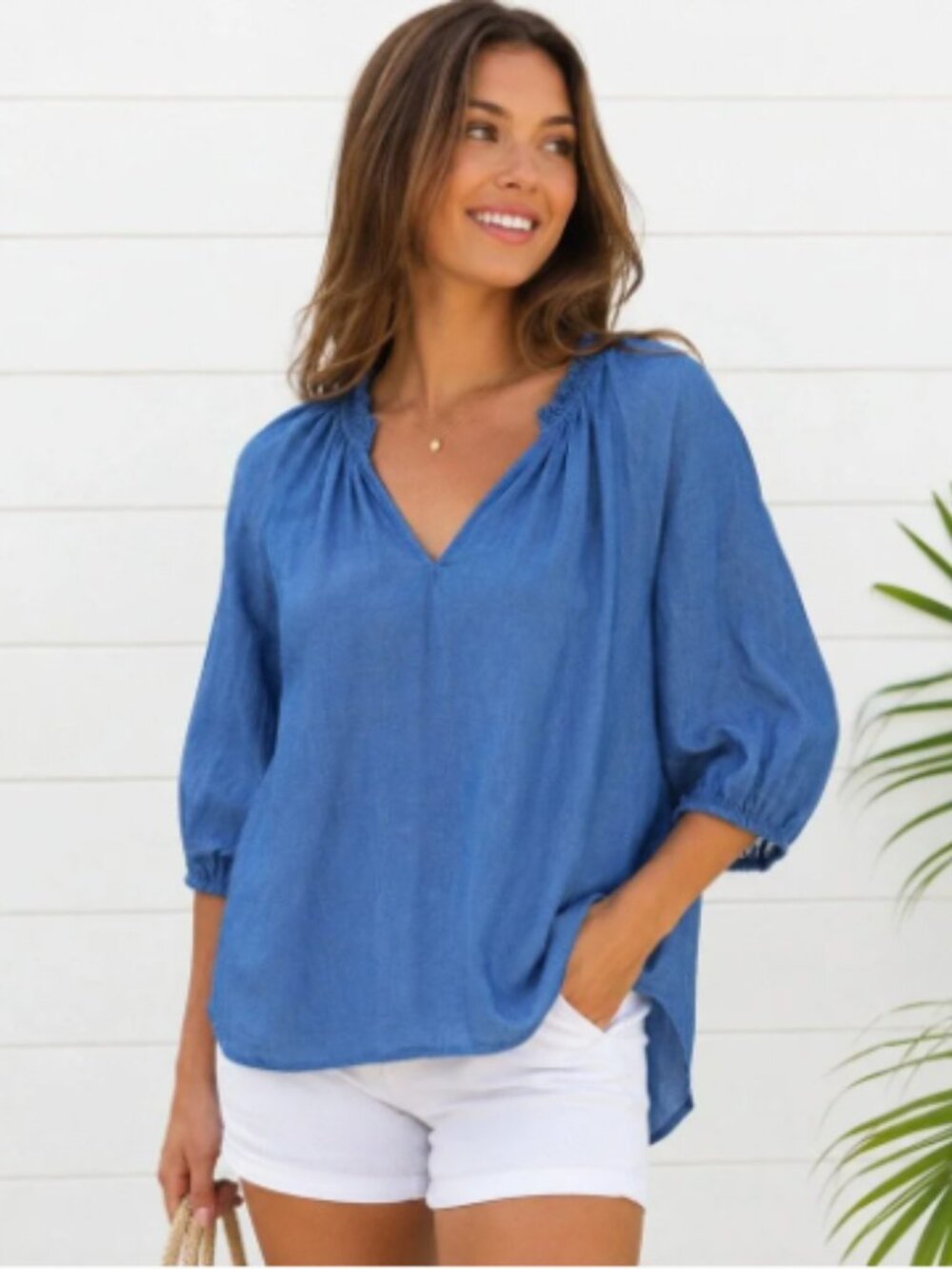 J. Jill Love Linen Blue V-Neck Ruffle Top 3/4 Puff Sleeve XL Relaxed Boho